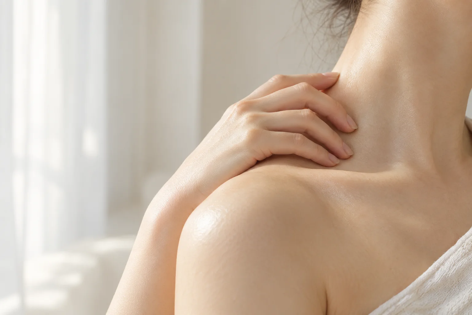 首すじにそっと手を添える、うるおいのある肌