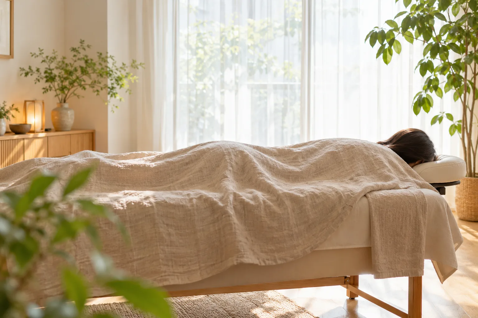 窓からやわらかな光が入る部屋で、リネンのベッドに横になって休む女性