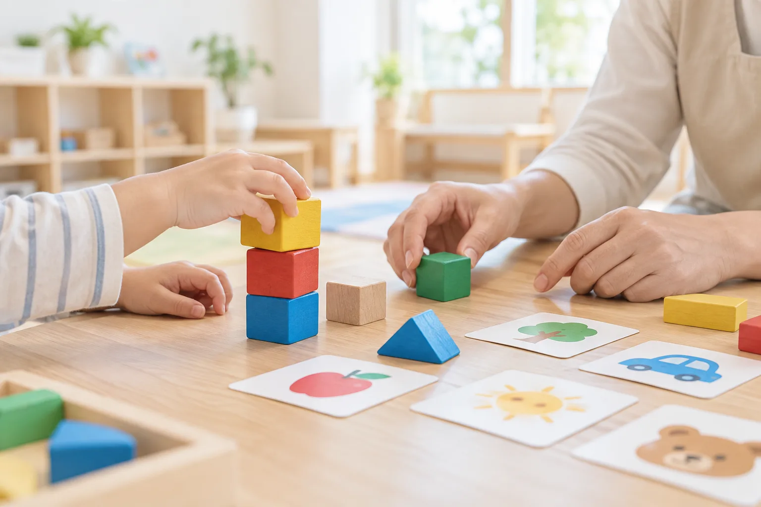 木のテーブルで、子どもの手とスタッフの手が一緒に積み木と絵カードを並べている