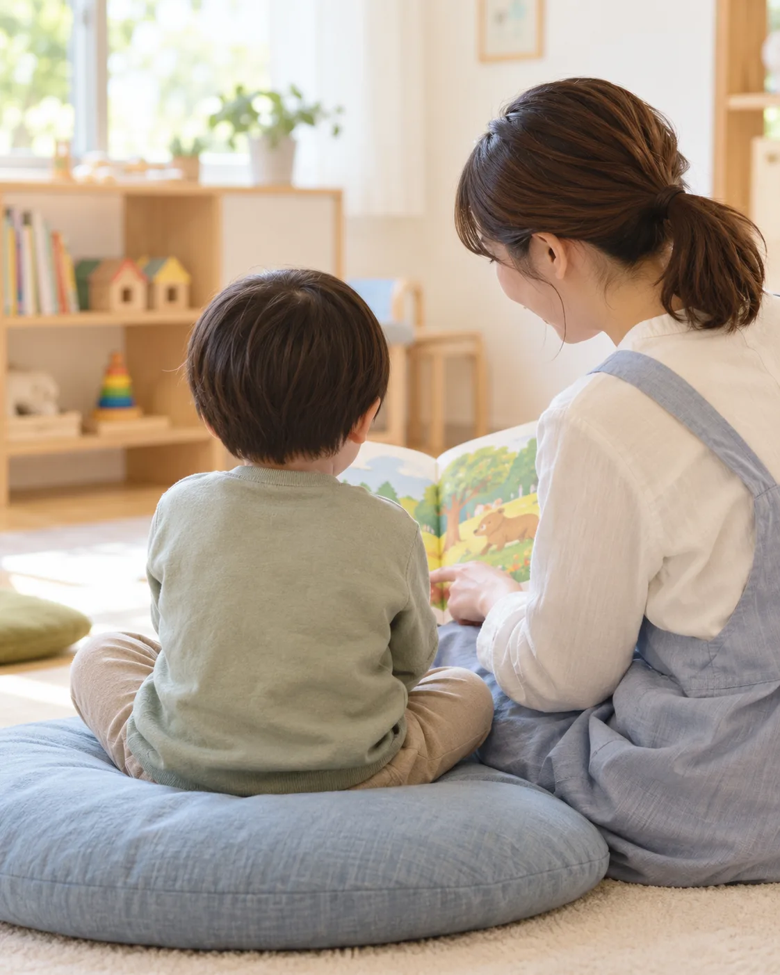 クッションに座って、スタッフと子どもが一緒に絵本を見ている後ろ姿