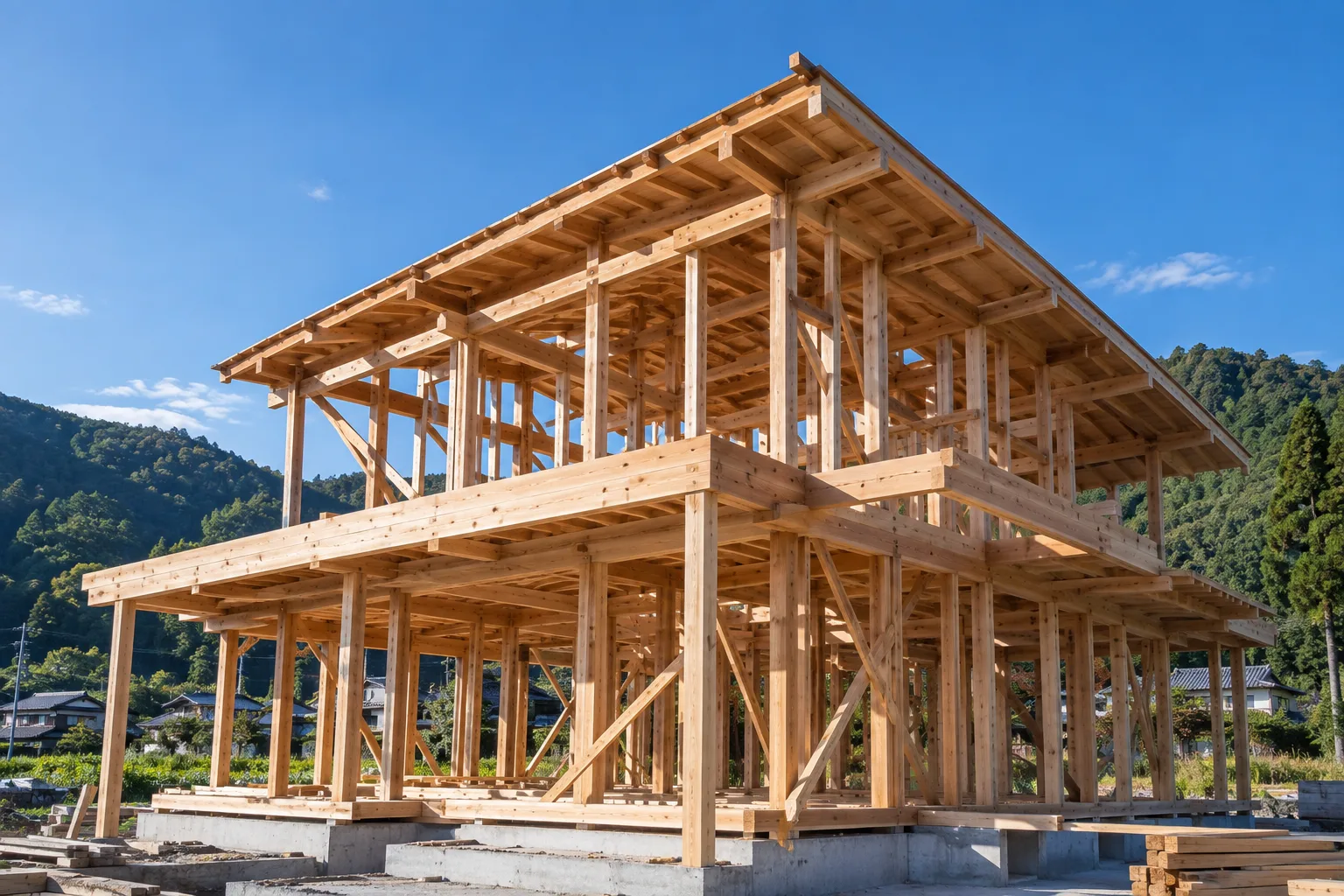 青空の下の、建築中の木の骨組み