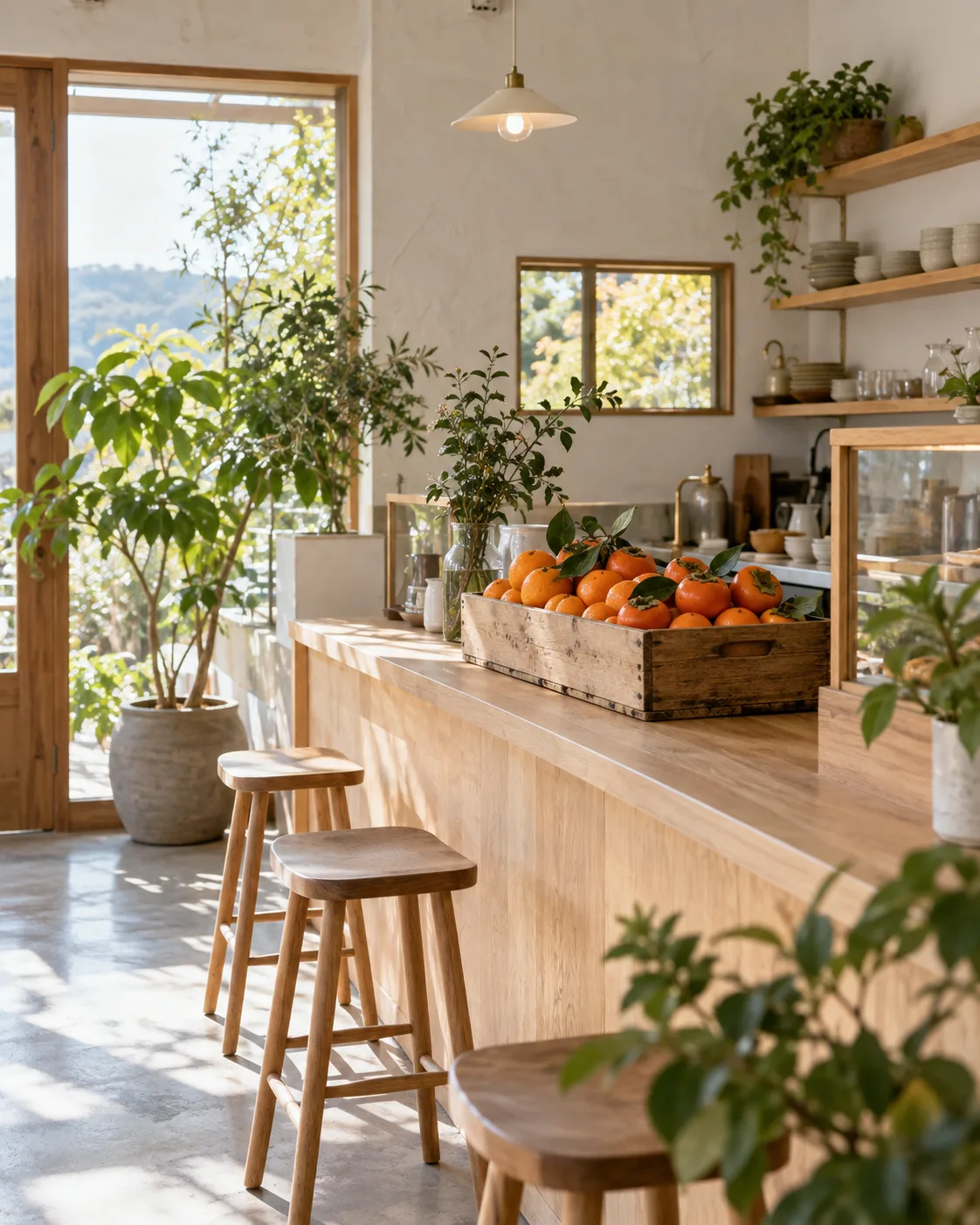 木のカウンターと白い壁の店内。木箱にみかんと柿が並んでいる