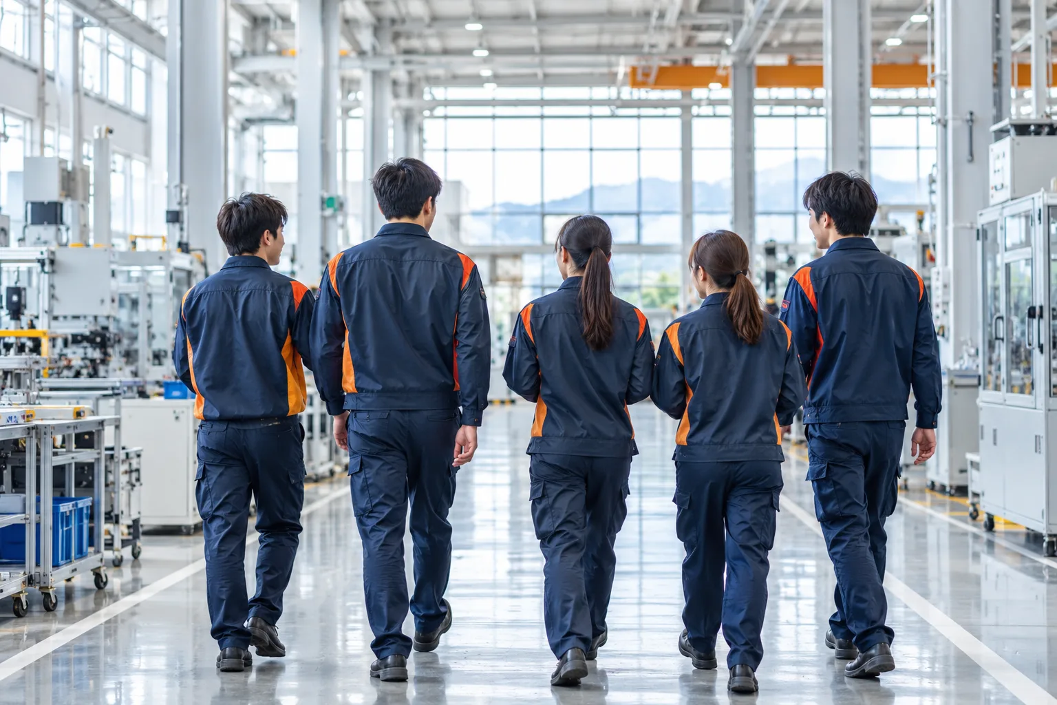 明るい工場の中を並んで歩く、作業着の若い社員たちの後ろ姿