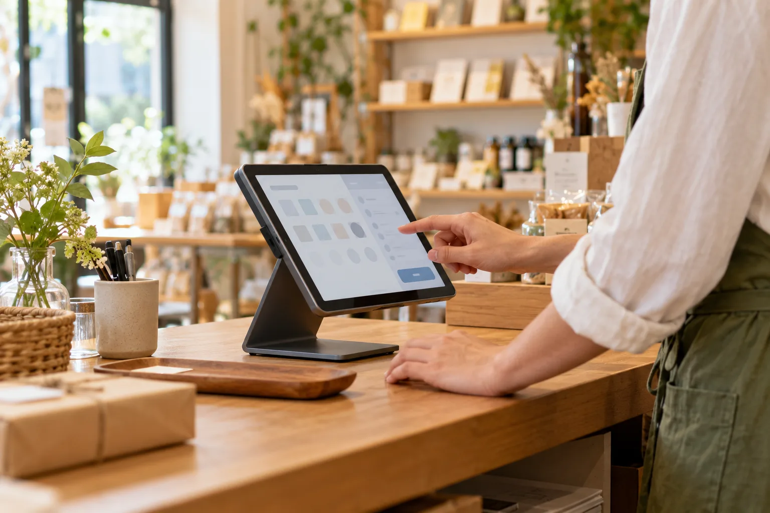 お店のカウンターに置かれたタブレットと、スタッフの手元