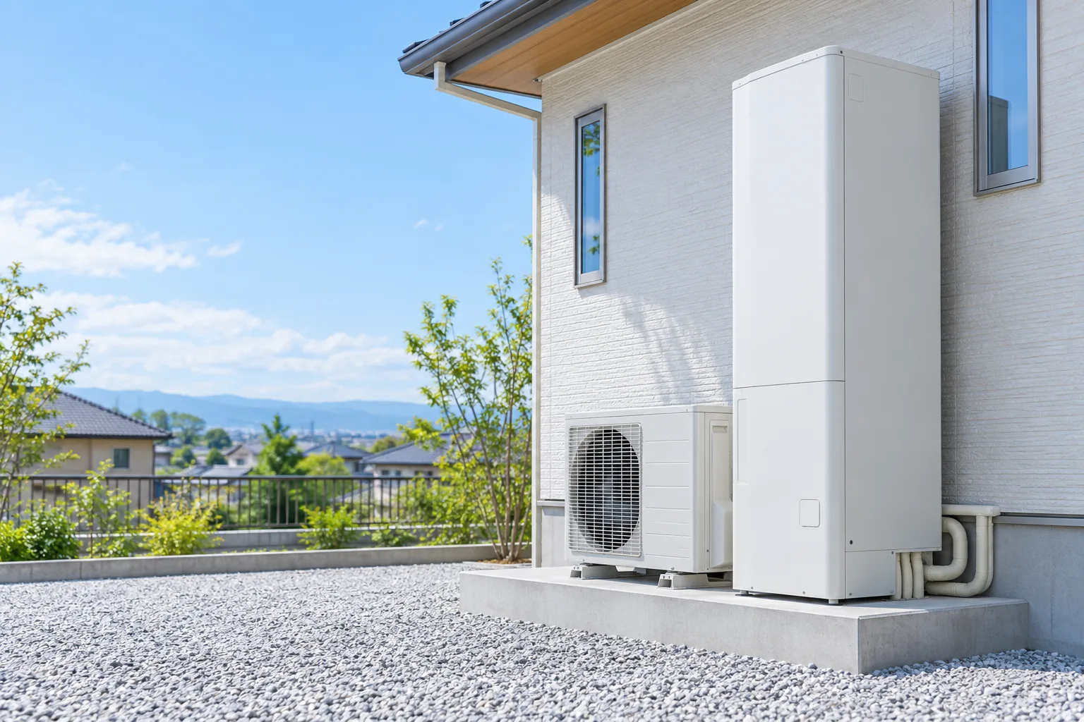 家の横にきれいに設置された、白いエコキュートの貯湯タンクと室外機